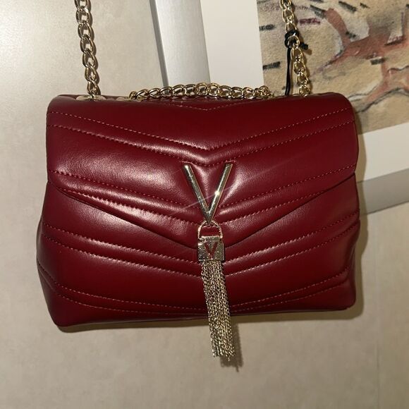 Mario Valentino Cherry Red Gold Tone Privilege Flap Chan Strap Purse - Picture 6 of 11